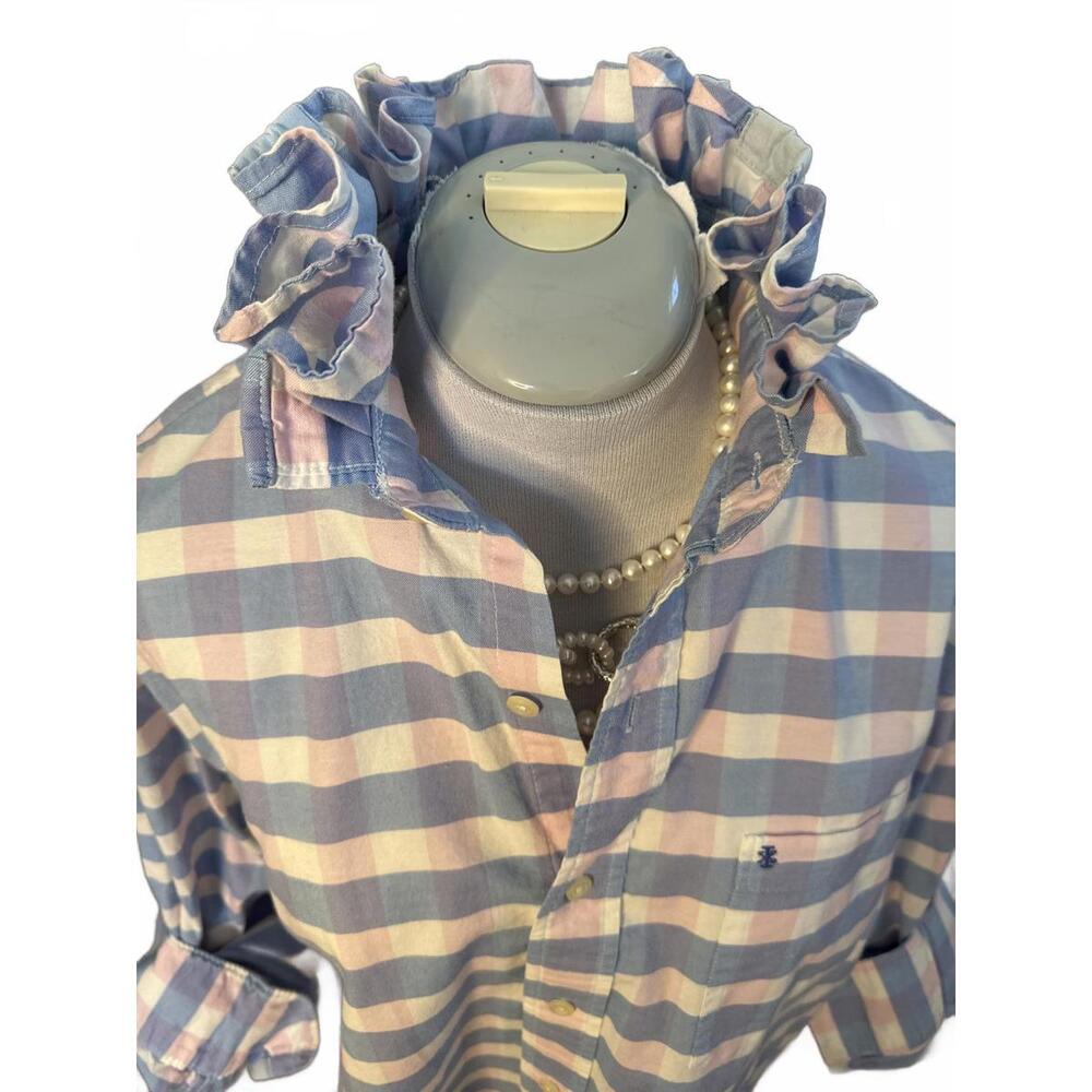 Upcycled IZOD Ruffled Collar Light Blue & Pink Checkered Button-Up Shirt | OOAK